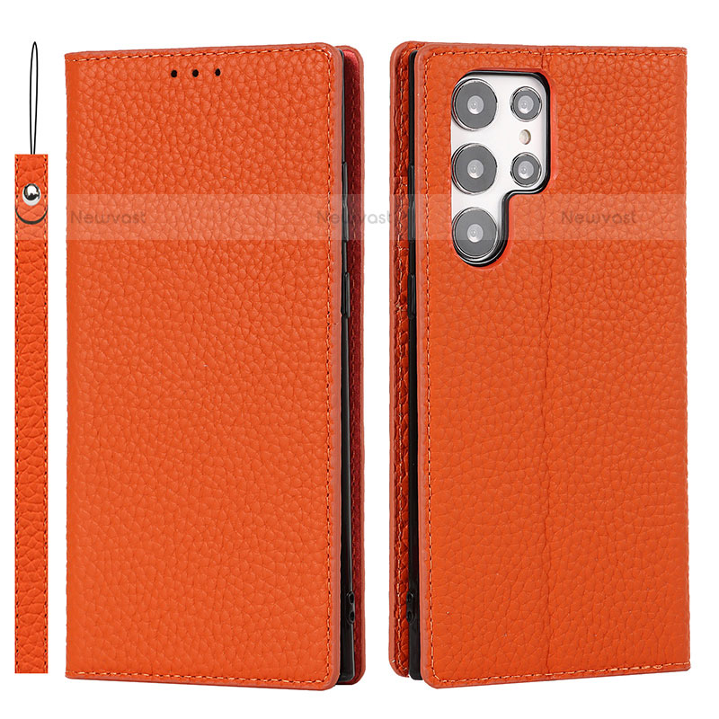 Leather Case Stands Flip Cover Holder T02D for Samsung Galaxy S22 Ultra 5G Orange