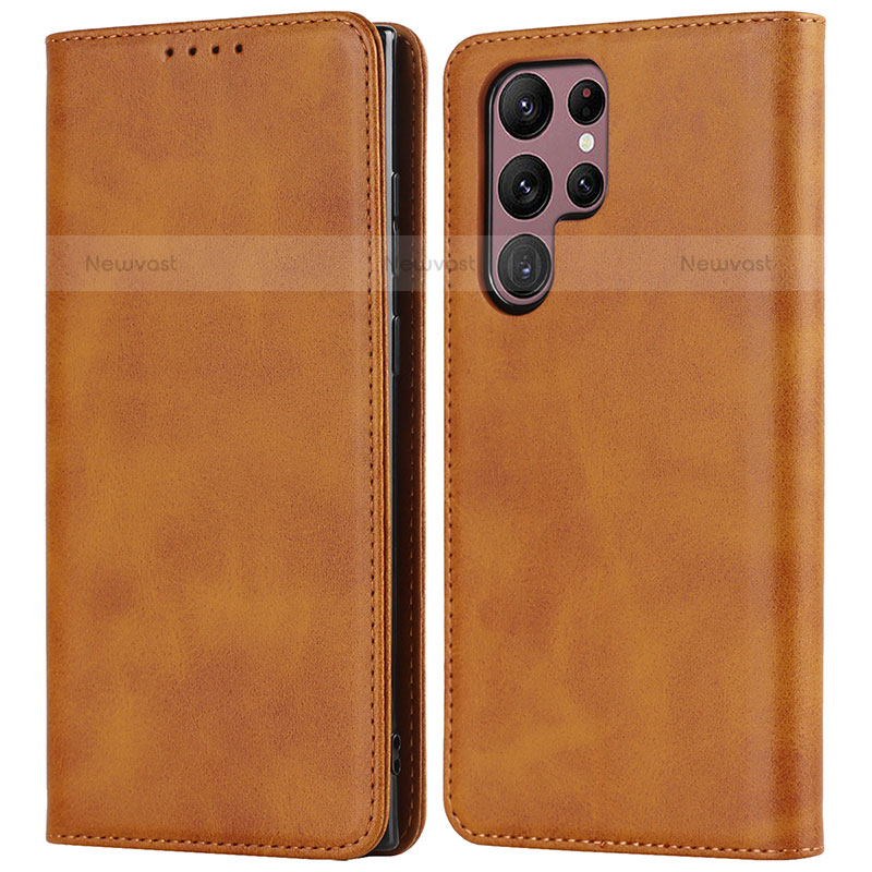 Leather Case Stands Flip Cover Holder T04D for Samsung Galaxy S21 Ultra 5G Light Brown