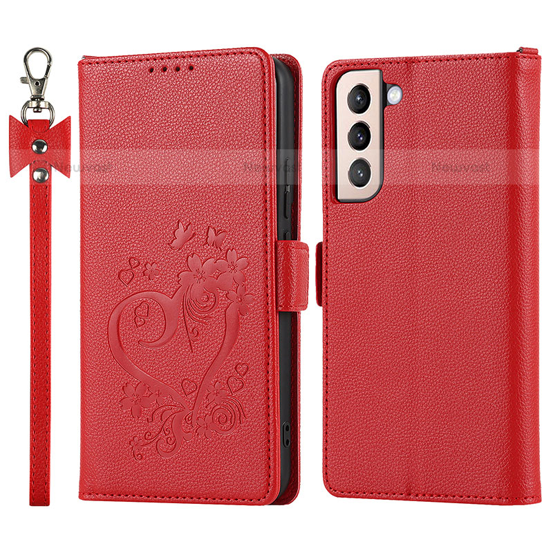 Leather Case Stands Flip Cover Holder T05D for Samsung Galaxy S21 5G Red