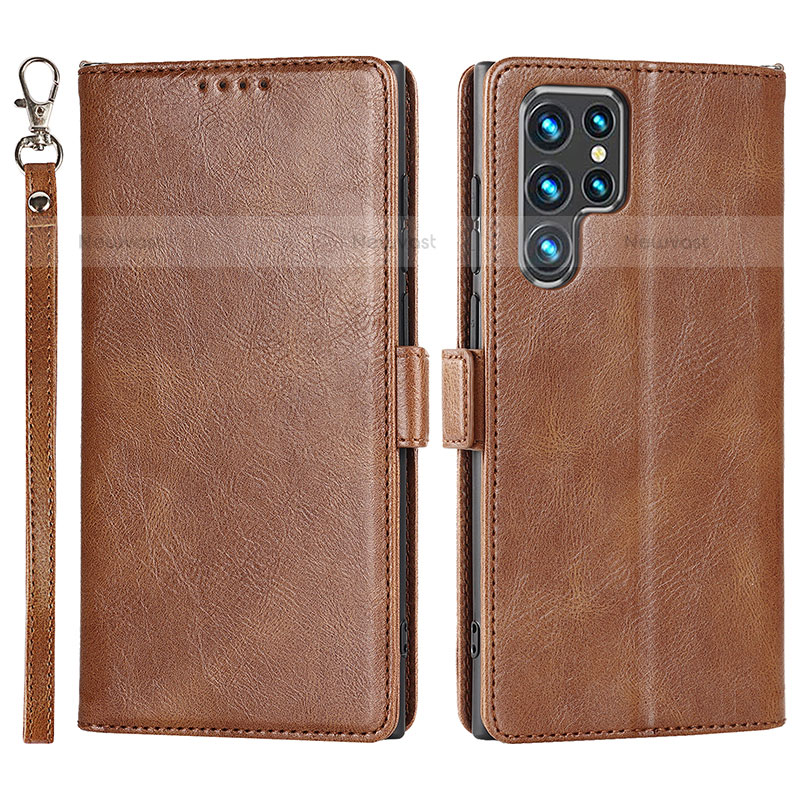 Leather Case Stands Flip Cover Holder T05D for Samsung Galaxy S21 Ultra 5G Brown