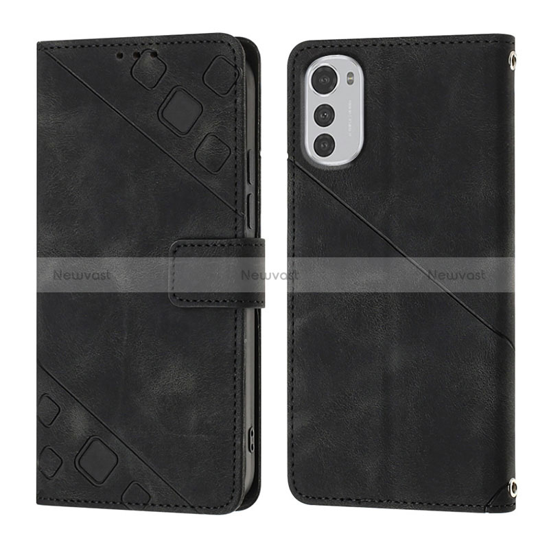 Leather Case Stands Flip Cover Holder Y01B for Motorola Moto E32s Black