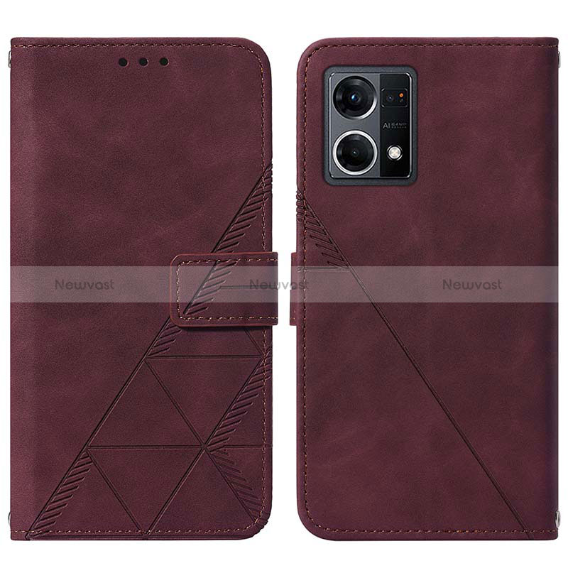 Leather Case Stands Flip Cover Holder Y01B for Oppo Reno7 4G Red Wine