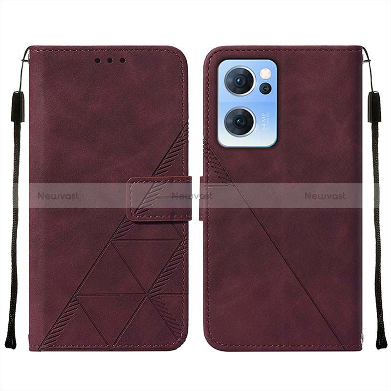 Leather Case Stands Flip Cover Holder Y01B for Oppo Reno7 5G Red Wine