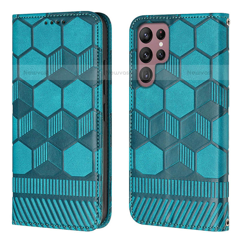 Leather Case Stands Flip Cover Holder Y01B for Samsung Galaxy S21 Ultra 5G Cyan