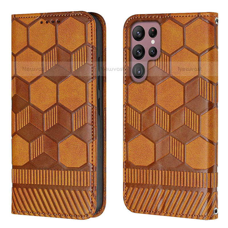 Leather Case Stands Flip Cover Holder Y01B for Samsung Galaxy S21 Ultra 5G Light Brown