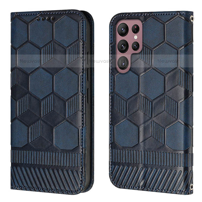 Leather Case Stands Flip Cover Holder Y01B for Samsung Galaxy S22 Ultra 5G Blue