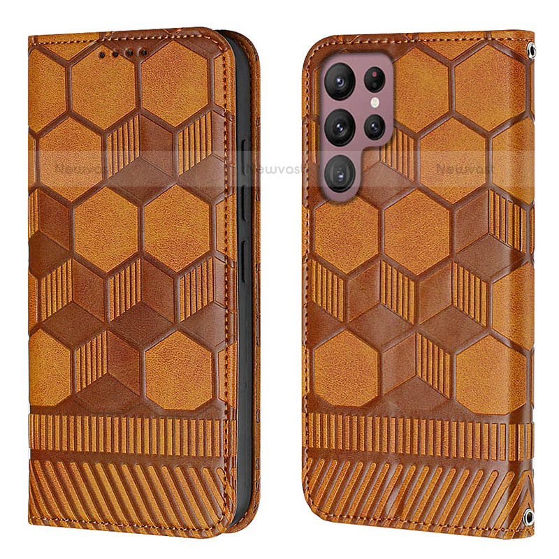 Leather Case Stands Flip Cover Holder Y01B for Samsung Galaxy S22 Ultra 5G Light Brown