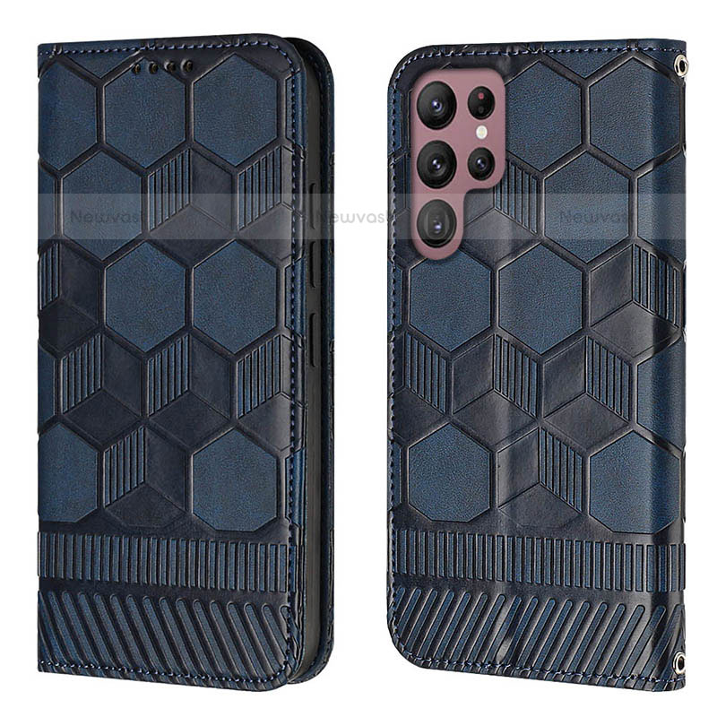 Leather Case Stands Flip Cover Holder Y01B for Samsung Galaxy S23 Ultra 5G Blue