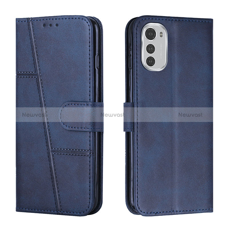 Leather Case Stands Flip Cover Holder Y01X for Motorola Moto E32 Blue