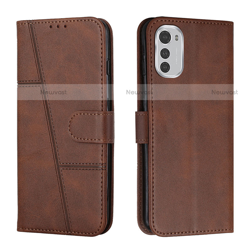 Leather Case Stands Flip Cover Holder Y01X for Motorola Moto E32 Brown