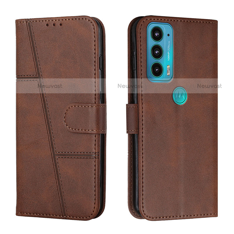 Leather Case Stands Flip Cover Holder Y01X for Motorola Moto Edge Lite 5G Brown