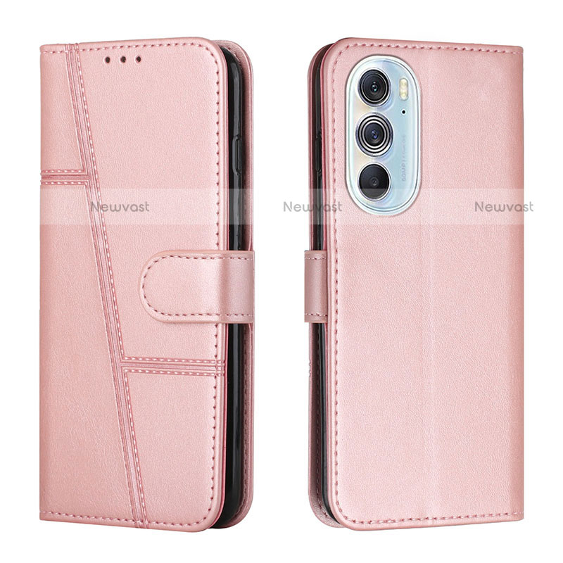 Leather Case Stands Flip Cover Holder Y01X for Motorola Moto Edge Plus (2022) 5G Rose Gold