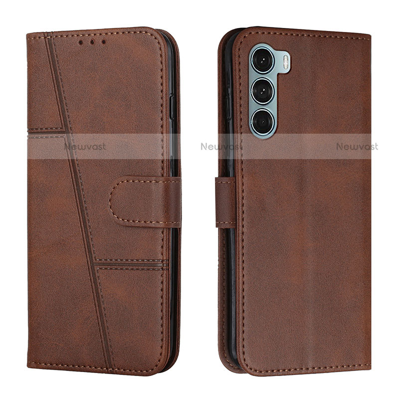 Leather Case Stands Flip Cover Holder Y01X for Motorola Moto G200 5G Brown