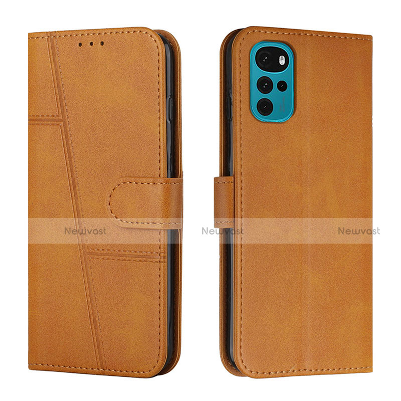 Leather Case Stands Flip Cover Holder Y01X for Motorola Moto G22 Light Brown