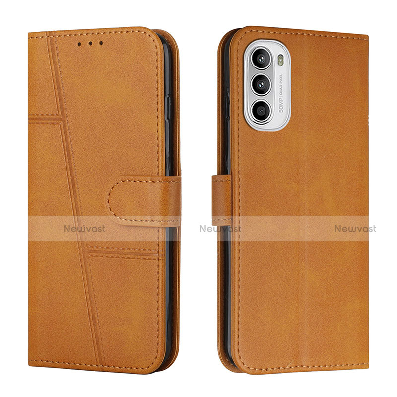 Leather Case Stands Flip Cover Holder Y01X for Motorola MOTO G52 Light Brown