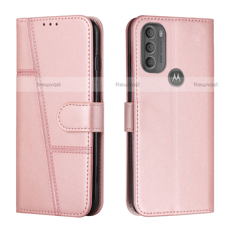 Leather Case Stands Flip Cover Holder Y01X for Motorola Moto G71 5G Rose Gold
