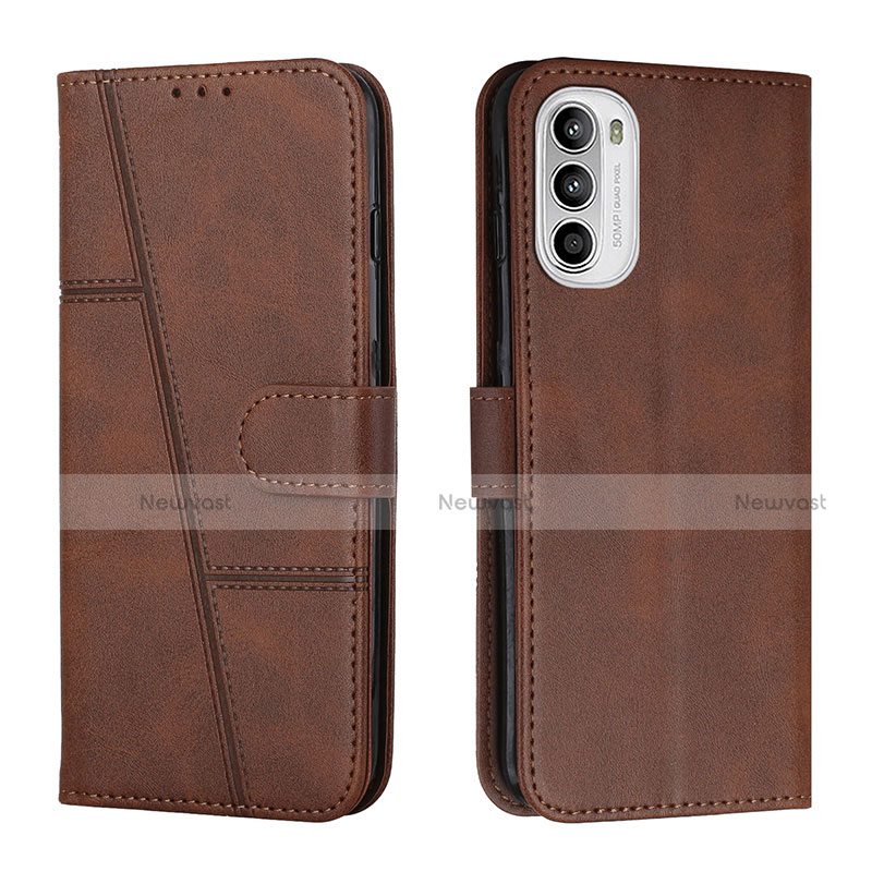 Leather Case Stands Flip Cover Holder Y01X for Motorola Moto G82 5G Brown