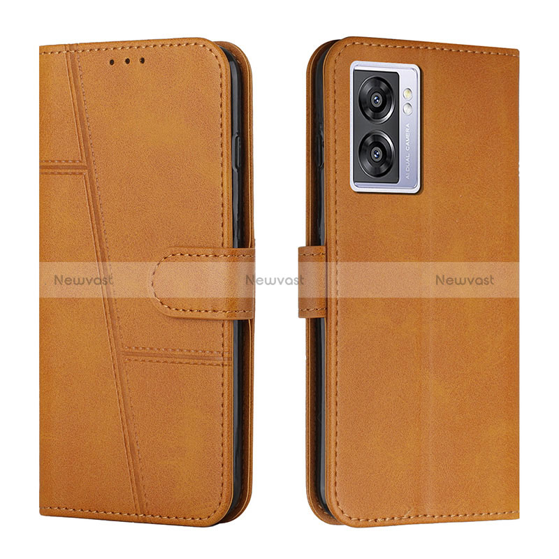 Leather Case Stands Flip Cover Holder Y01X for Oppo A56S 5G Light Brown