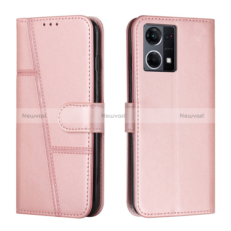 Leather Case Stands Flip Cover Holder Y01X for Oppo Reno8 4G Rose Gold
