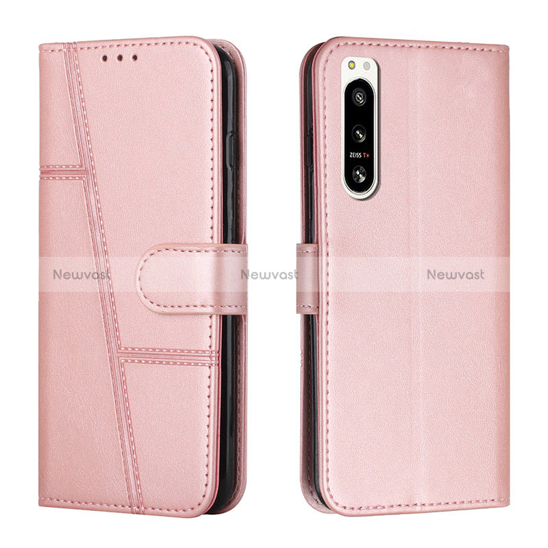 Leather Case Stands Flip Cover Holder Y01X for Sony Xperia 5 IV Rose Gold