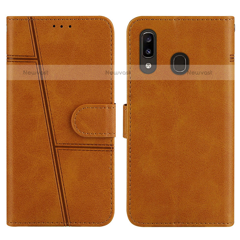 Leather Case Stands Flip Cover Holder Y02X for Samsung Galaxy A20 Light Brown