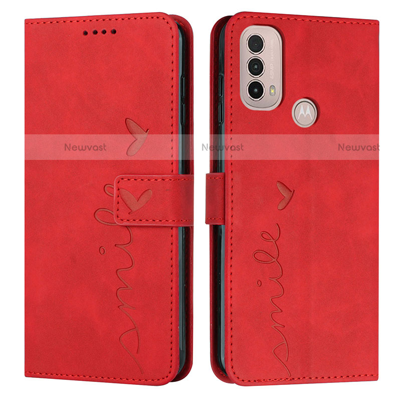 Leather Case Stands Flip Cover Holder Y03X for Motorola Moto E30 Red