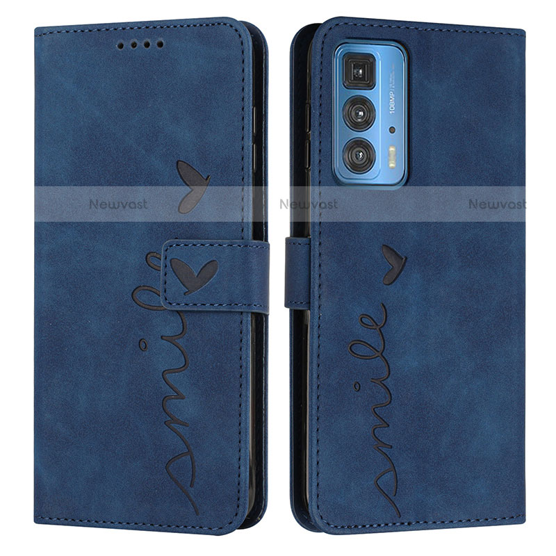 Leather Case Stands Flip Cover Holder Y03X for Motorola Moto Edge 20 Pro 5G Blue