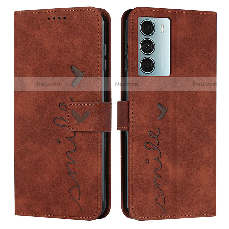 Leather Case Stands Flip Cover Holder Y03X for Motorola Moto G200 5G Brown