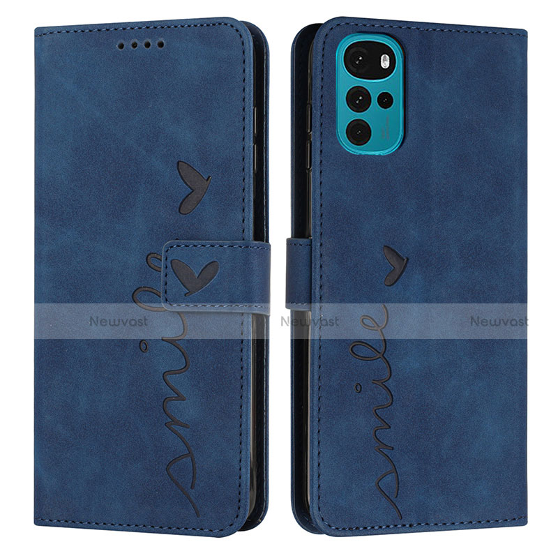 Leather Case Stands Flip Cover Holder Y03X for Motorola Moto G22 Blue