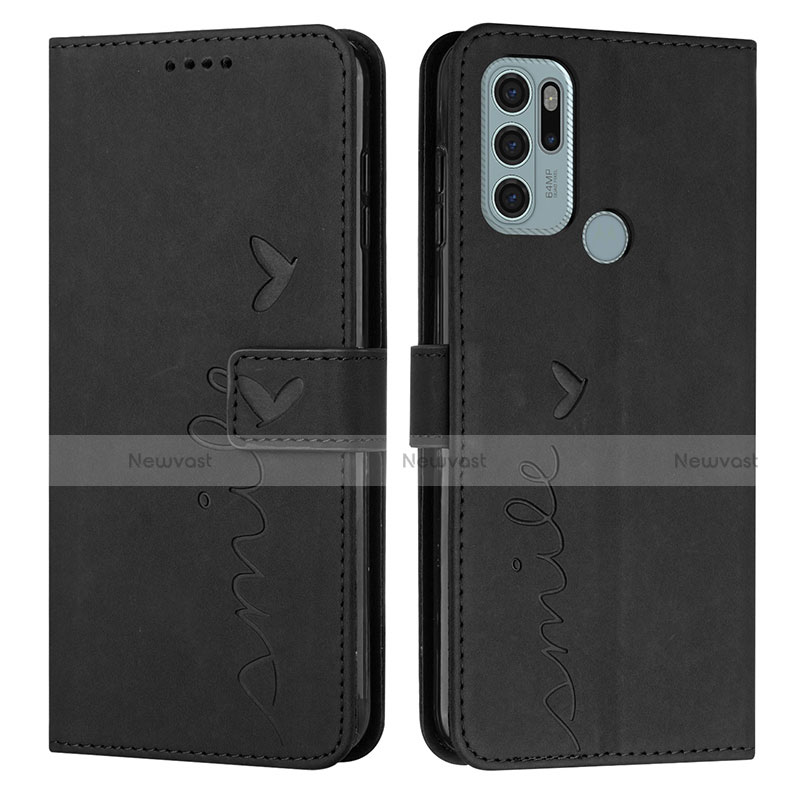 Leather Case Stands Flip Cover Holder Y03X for Motorola Moto G60s Black