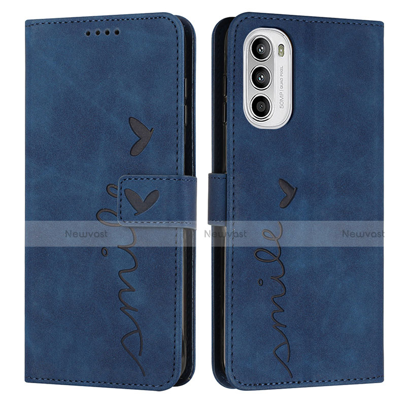 Leather Case Stands Flip Cover Holder Y03X for Motorola Moto G82 5G Blue