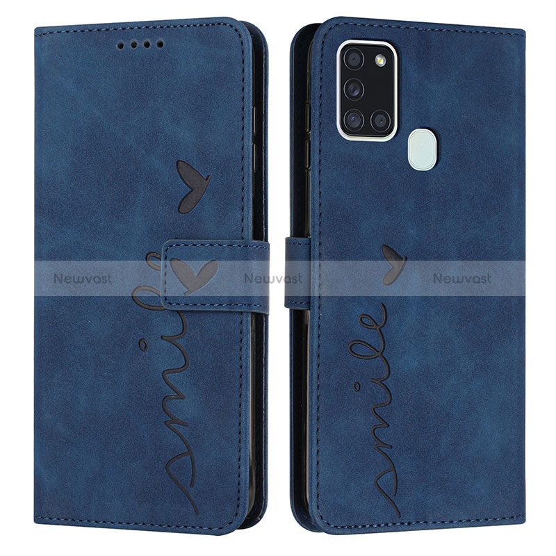 Leather Case Stands Flip Cover Holder Y03X for Samsung Galaxy A21s Blue