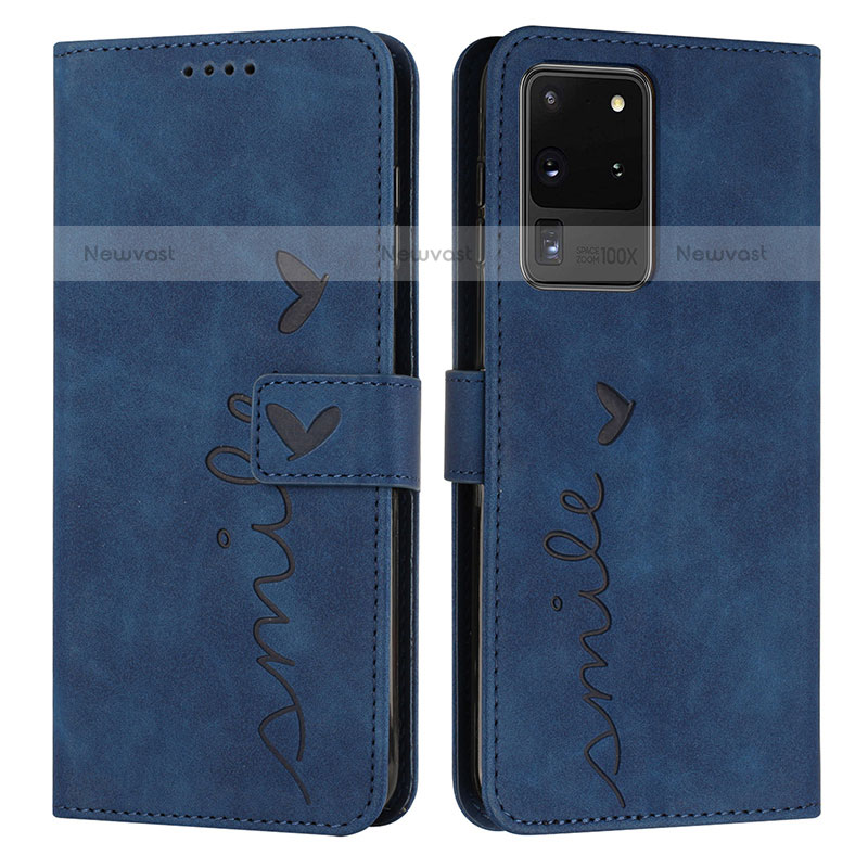 Leather Case Stands Flip Cover Holder Y03X for Samsung Galaxy S20 Ultra 5G Blue