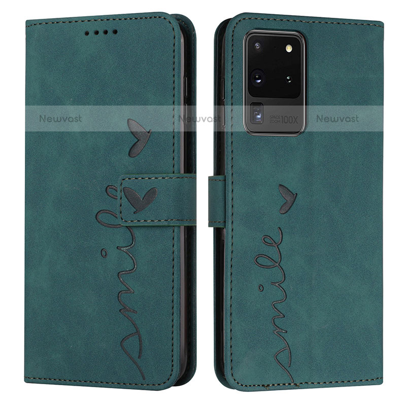 Leather Case Stands Flip Cover Holder Y03X for Samsung Galaxy S20 Ultra 5G Green