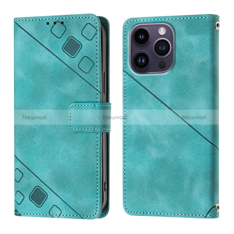 Leather Case Stands Flip Cover Holder Y05B for Apple iPhone 13 Pro Max Cyan