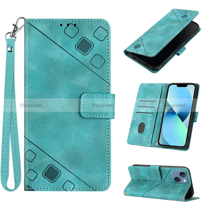 Leather Case Stands Flip Cover Holder Y06B for Apple iPhone 13 Cyan