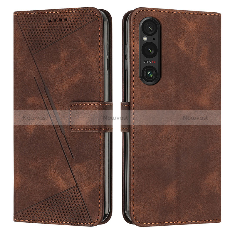 Leather Case Stands Flip Cover Holder Y07X for Sony Xperia 1 V Brown