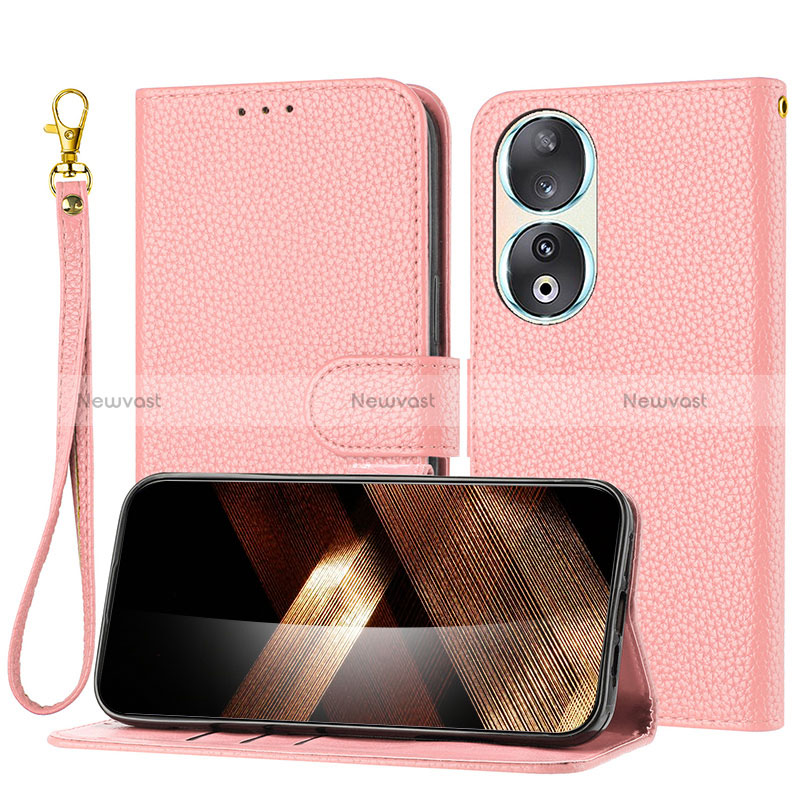 Leather Case Stands Flip Cover Holder Y09X for Huawei Honor 90 5G Rose Gold