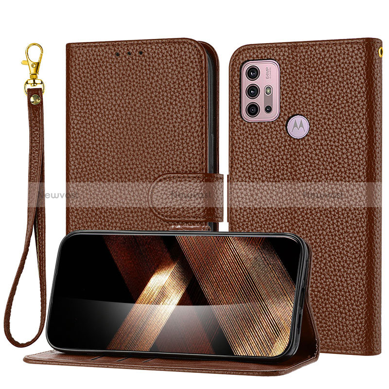 Leather Case Stands Flip Cover Holder Y09X for Motorola Moto G10 Power Brown
