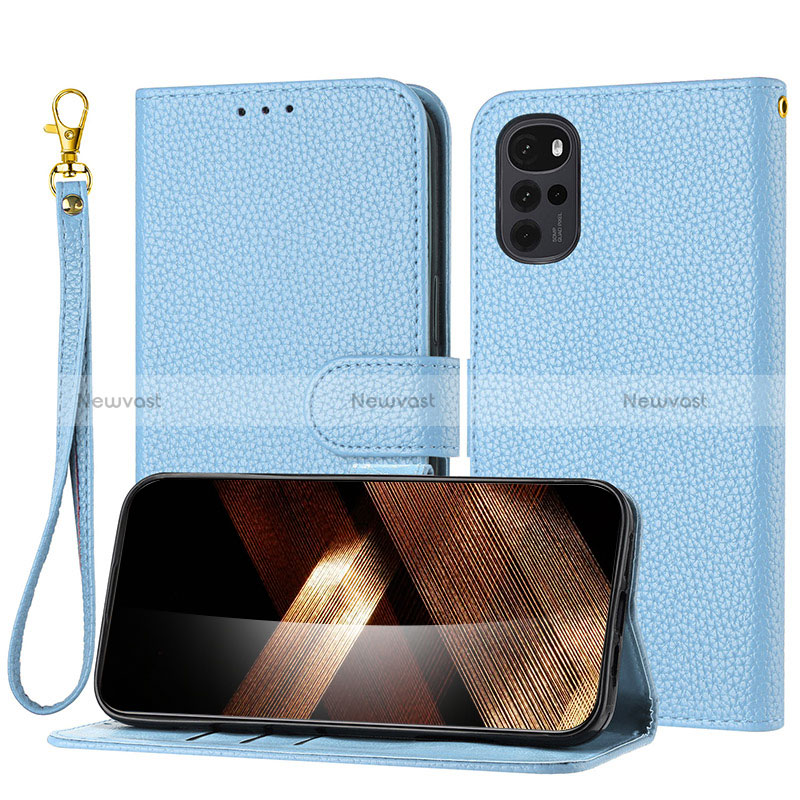 Leather Case Stands Flip Cover Holder Y09X for Motorola Moto G22 Blue