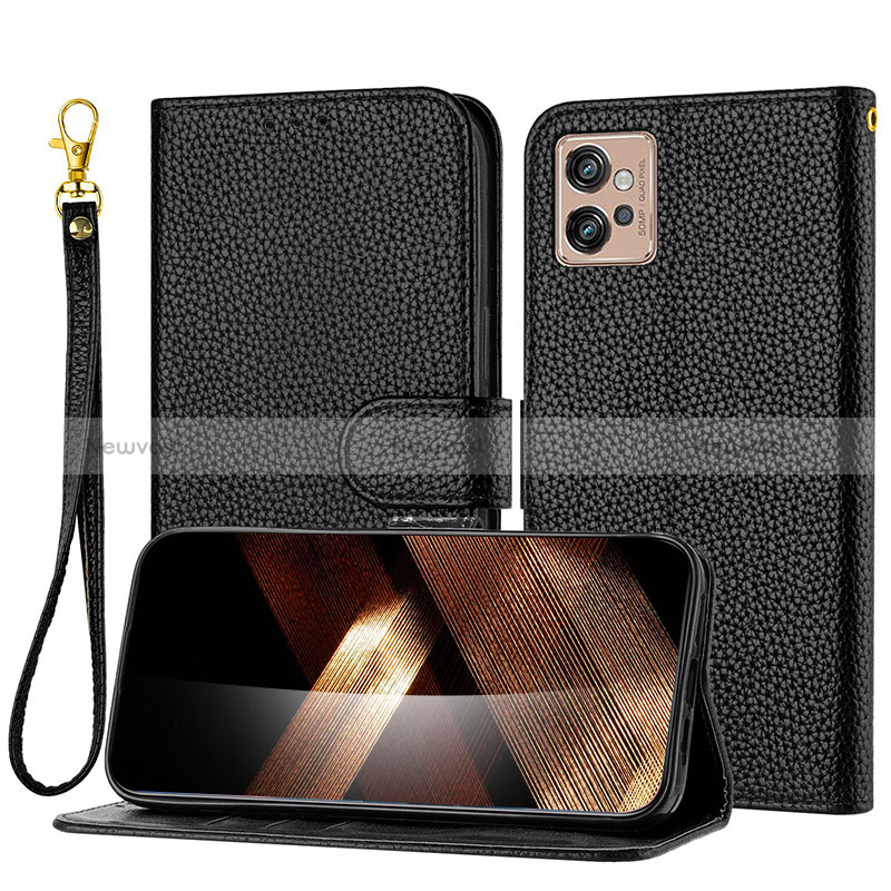 Leather Case Stands Flip Cover Holder Y09X for Motorola Moto G32 Black