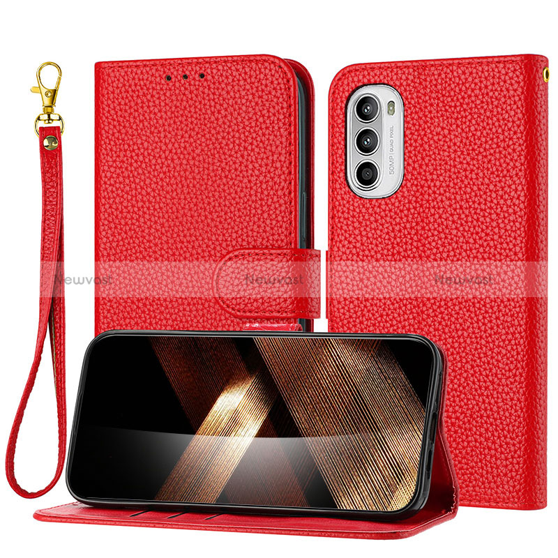 Leather Case Stands Flip Cover Holder Y09X for Motorola Moto G62 5G Red