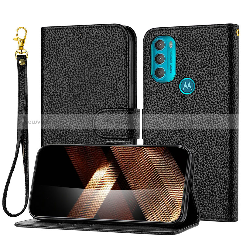 Leather Case Stands Flip Cover Holder Y09X for Motorola Moto G71 5G Black