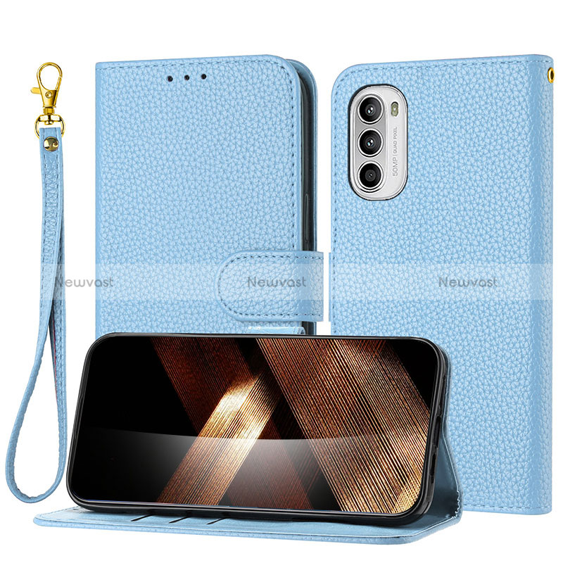 Leather Case Stands Flip Cover Holder Y09X for Motorola Moto G82 5G Blue