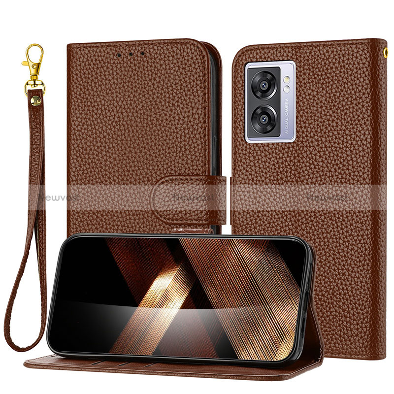 Leather Case Stands Flip Cover Holder Y09X for Oppo A57 5G Brown