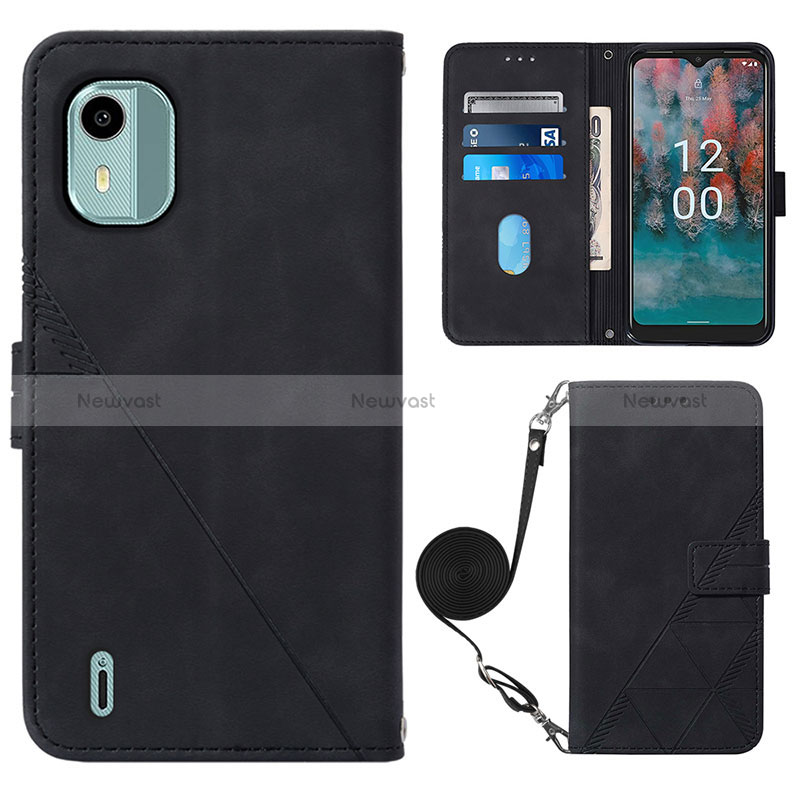 Leather Case Stands Flip Cover Holder YB1 for Nokia C12 Black