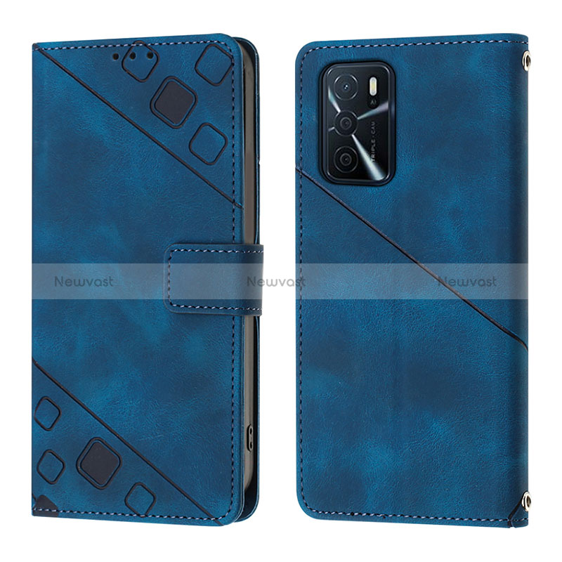 Leather Case Stands Flip Cover Holder YB1 for Oppo A54s Blue