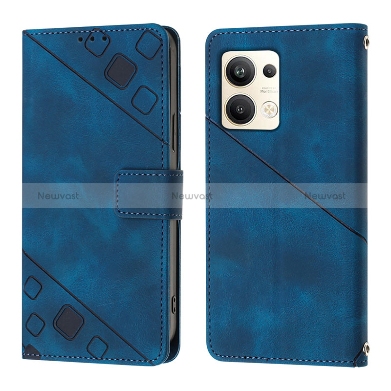 Leather Case Stands Flip Cover Holder YB1 for Oppo Reno9 Pro+ Plus 5G Blue