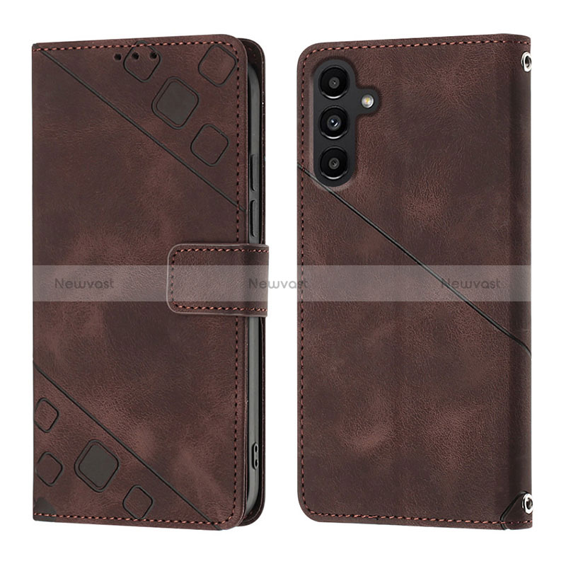 Leather Case Stands Flip Cover Holder YB1 for Samsung Galaxy A14 5G Brown