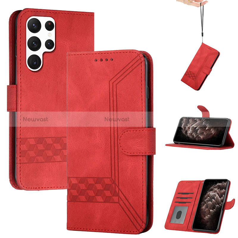 Leather Case Stands Flip Cover Holder YX4 for Samsung Galaxy S22 Ultra 5G Red